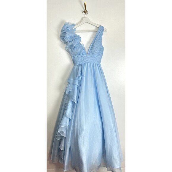 MAC DUGGAL Ruffle Shoulder V-neck Chiffon Gown in Powder Blue Size US 2 - Picture 4 of 13